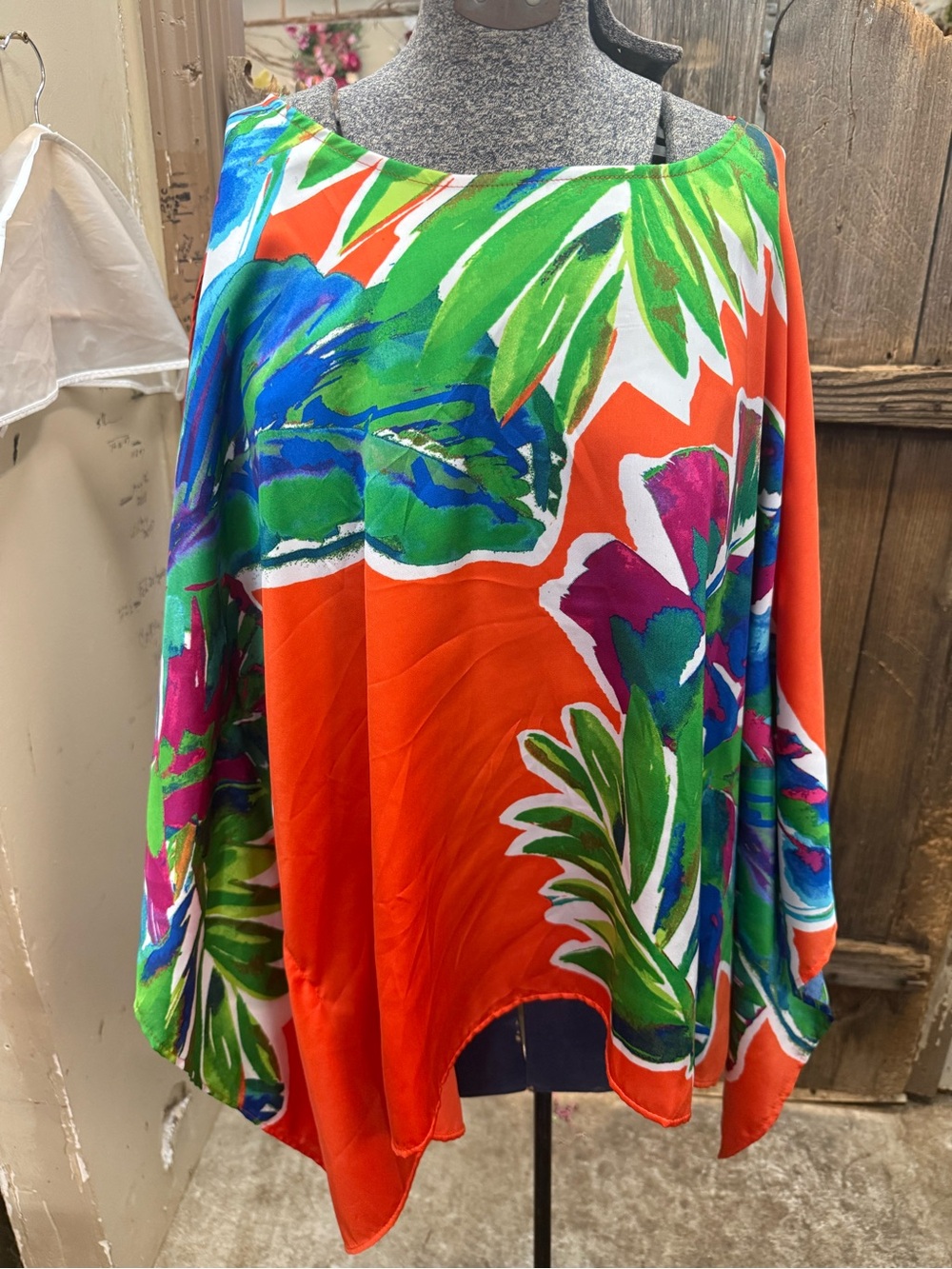 Chico's Vibrant Orange Tropical Poncho with Green & Blue Leaf Print